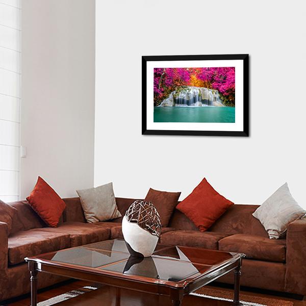 Waterfall With Pink Trees Canvas Wall Art-3 Horizontal-Gallery Wrap-25" x 16"-Tiaracle