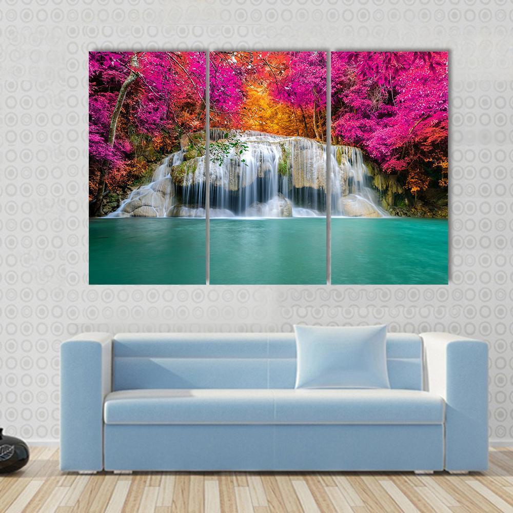 Waterfall With Pink Trees Canvas Wall Art-3 Horizontal-Gallery Wrap-37&quot; x 24&quot;-Tiaracle
