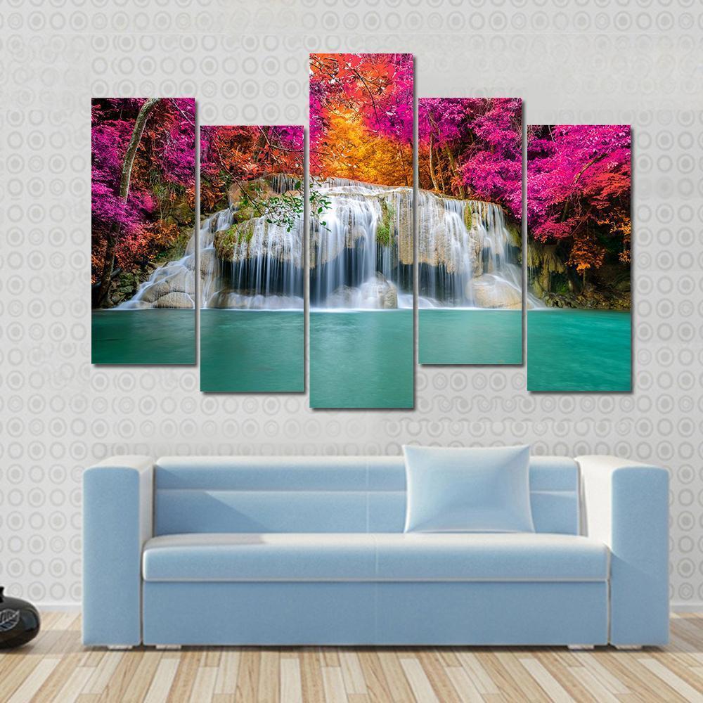Waterfall With Pink Trees Canvas Wall Art-5 Pop-Gallery Wrap-47" x 32"-Tiaracle