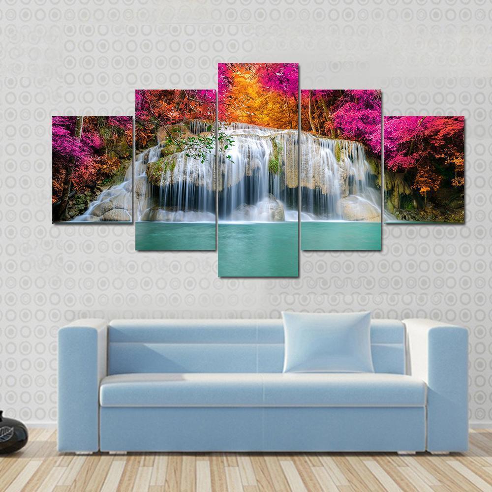 Waterfall With Pink Trees Canvas Wall Art-5 Star-Gallery Wrap-62&quot; x 32&quot;-Tiaracle