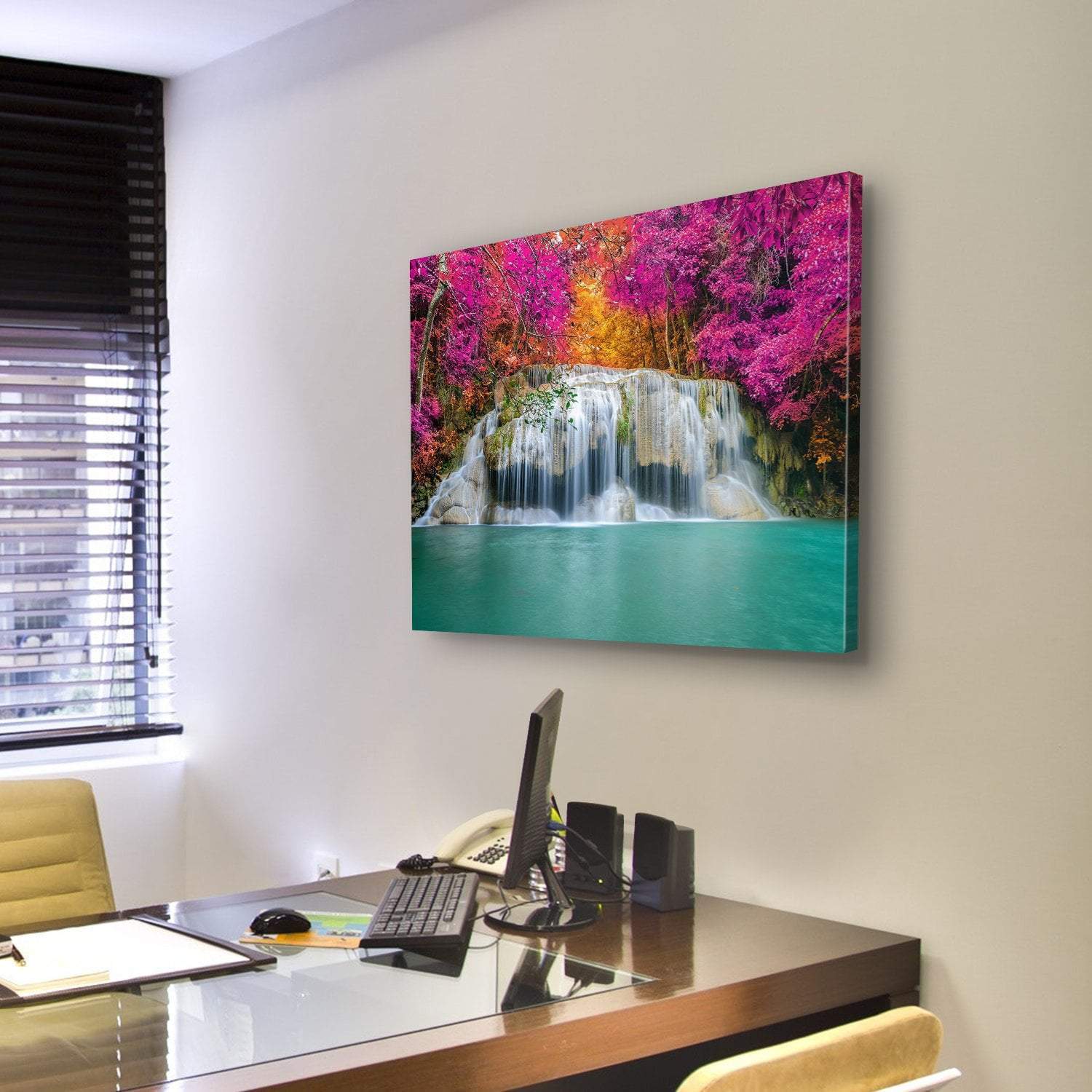 Waterfall With Pink Trees Canvas Wall Art-5 Pop-Gallery Wrap-47" x 32"-Tiaracle