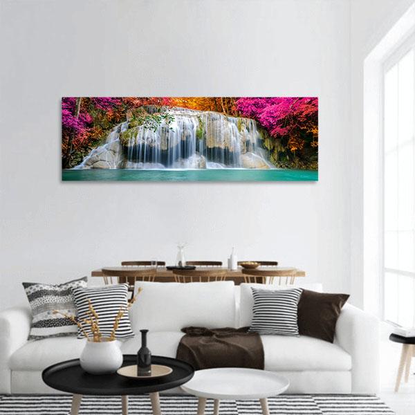 Waterfall With Pink Trees Panoramic Canvas Wall Art-1 Piece-36" x 12"-Tiaracle