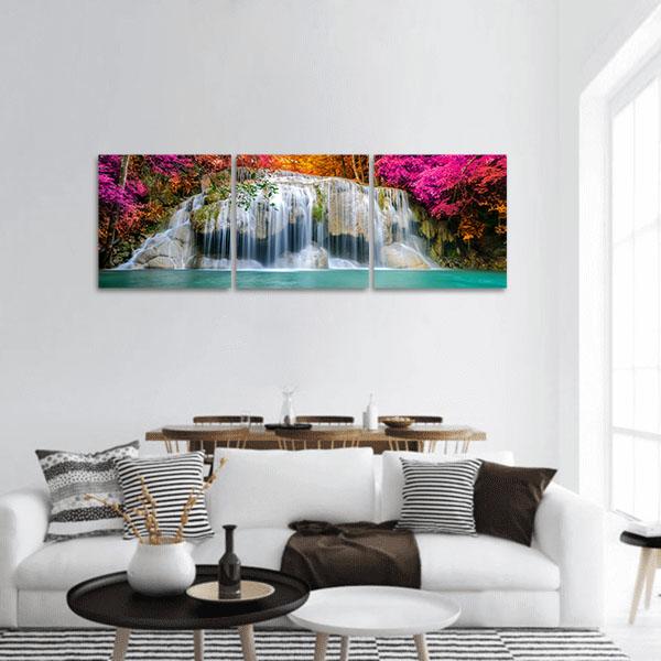 Waterfall With Pink Trees Panoramic Canvas Wall Art-3 Piece-25" x 08"-Tiaracle