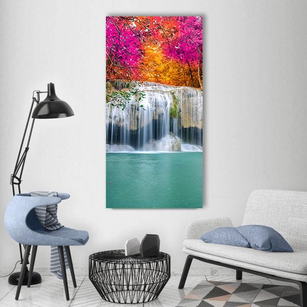 Waterfall With Pink Trees Vertical Canvas Wall Art-3 Vertical-Gallery Wrap-12" x 25"-Tiaracle