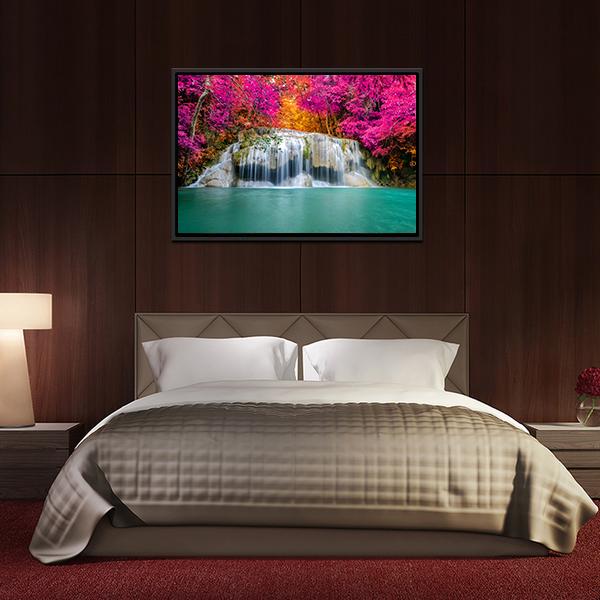 Waterfall With Pink Trees Vertical Canvas Wall Art-3 Vertical-Gallery Wrap-12" x 25"-Tiaracle