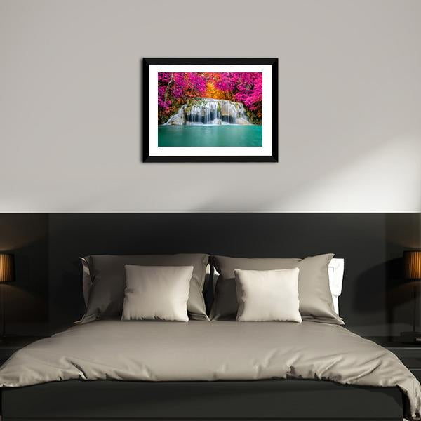 Waterfall With Pink Trees Vertical Canvas Wall Art-3 Vertical-Gallery Wrap-12" x 25"-Tiaracle