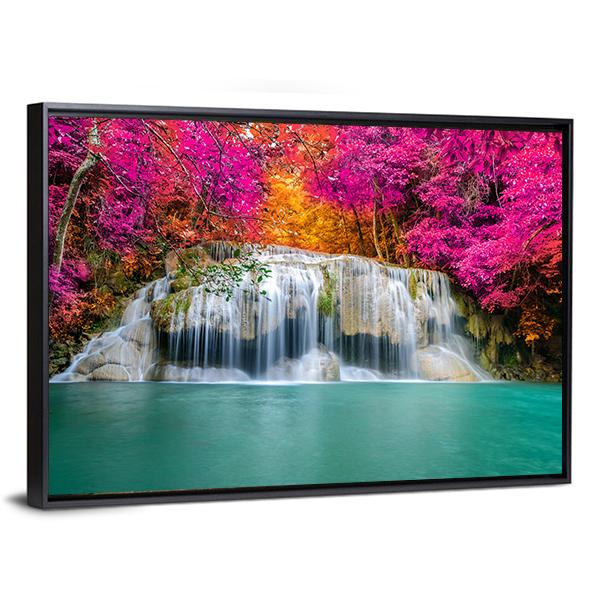 Waterfall With Pink Trees Vertical Canvas Wall Art-3 Vertical-Gallery Wrap-12" x 25"-Tiaracle