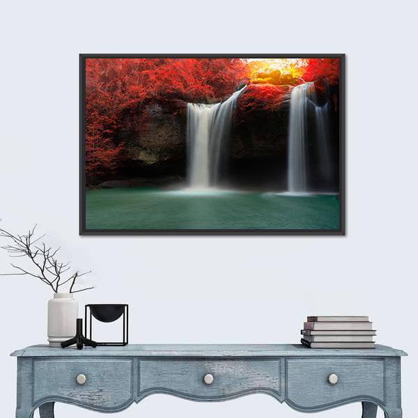 Waterfall With Red Trees Canvas Wall Art-1 Piece-Floating Frame-24" x 16"-Tiaracle