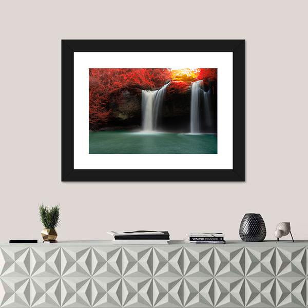 Waterfall With Red Trees Canvas Wall Art-1 Piece-Framed Print-20" x 16"-Tiaracle