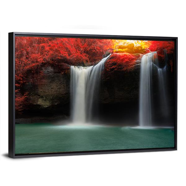 Waterfall With Red Trees Canvas Wall Art-3 Horizontal-Gallery Wrap-25&quot; x 16&quot;-Tiaracle