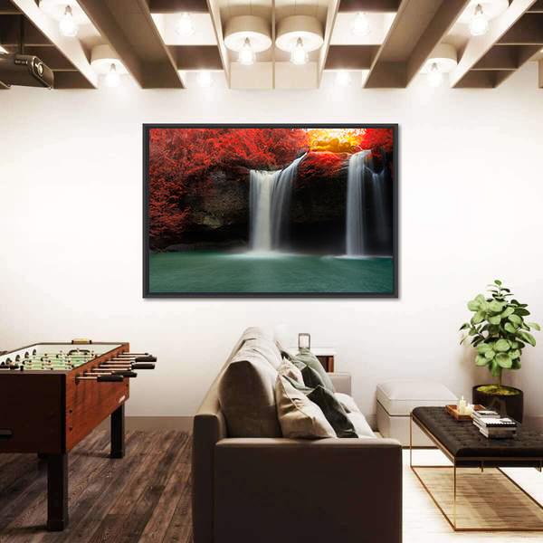 Waterfall With Red Trees Canvas Wall Art-3 Horizontal-Gallery Wrap-25" x 16"-Tiaracle