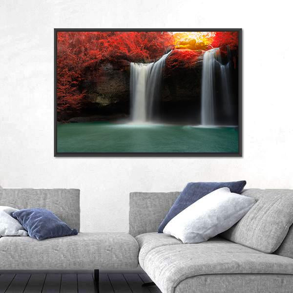 Waterfall With Red Trees Canvas Wall Art-3 Horizontal-Gallery Wrap-25" x 16"-Tiaracle