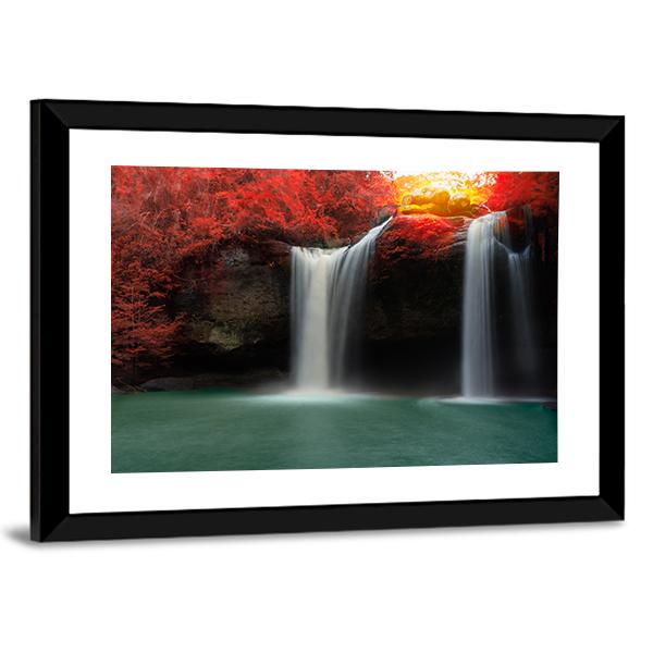 Waterfall With Red Trees Canvas Wall Art-5 Horizontal-Gallery Wrap-22" x 12"-Tiaracle