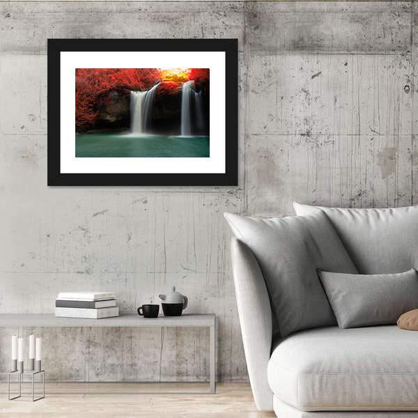 Waterfall With Red Trees Canvas Wall Art-5 Horizontal-Gallery Wrap-22" x 12"-Tiaracle