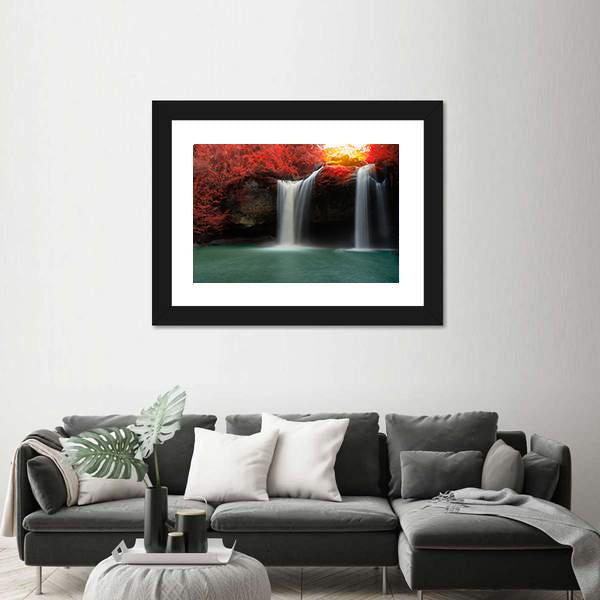 Waterfall With Red Trees Canvas Wall Art-3 Horizontal-Gallery Wrap-25" x 16"-Tiaracle