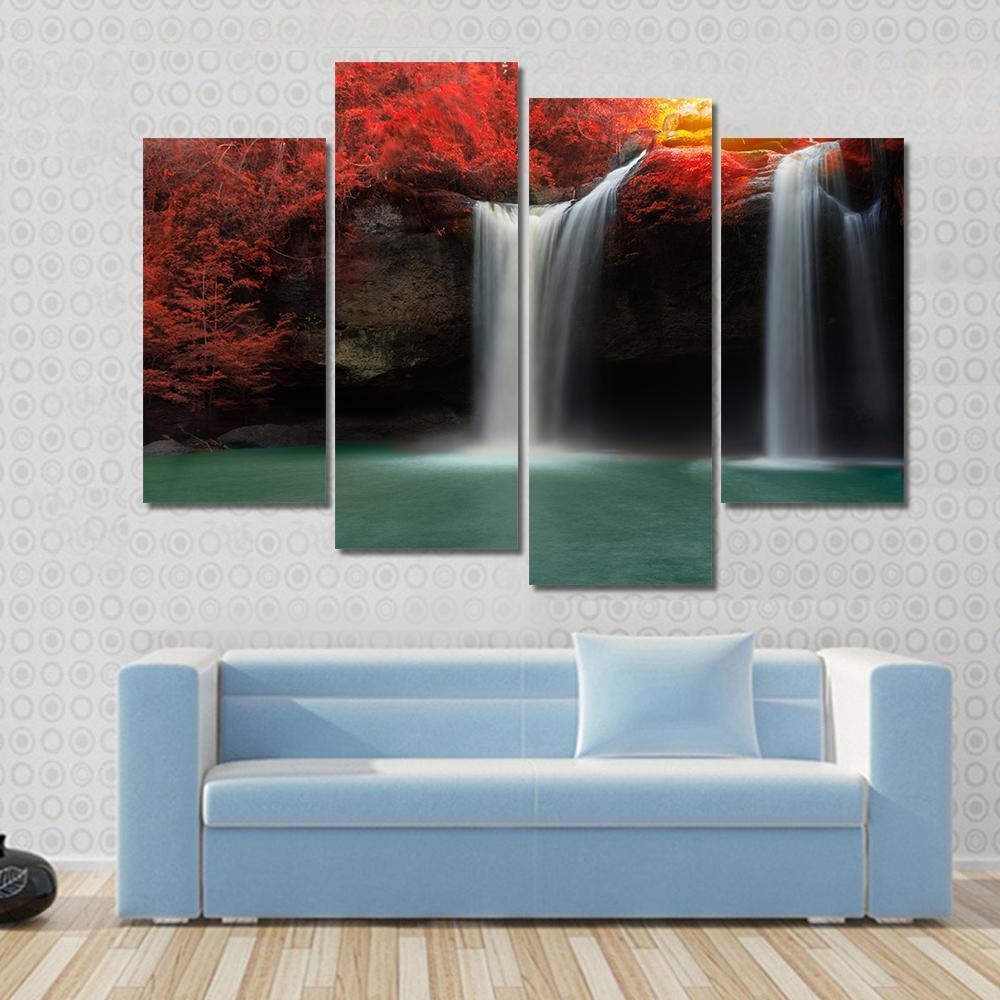 Waterfall With Red Trees Canvas Wall Art-4 Pop-Gallery Wrap-50" x 32"-Tiaracle