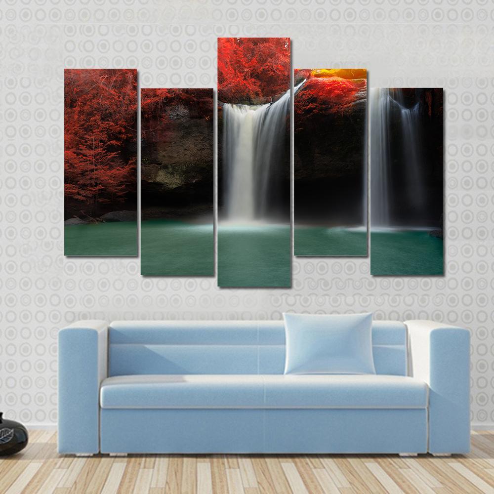 Waterfall With Red Trees Canvas Wall Art-5 Pop-Gallery Wrap-47&quot; x 32&quot;-Tiaracle