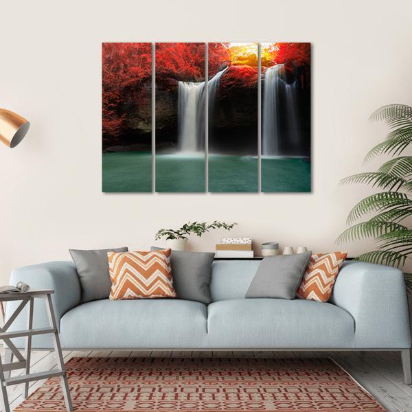 Waterfall With Red Trees Canvas Wall Art-4 Horizontal-Gallery Wrap-34" x 24"-Tiaracle