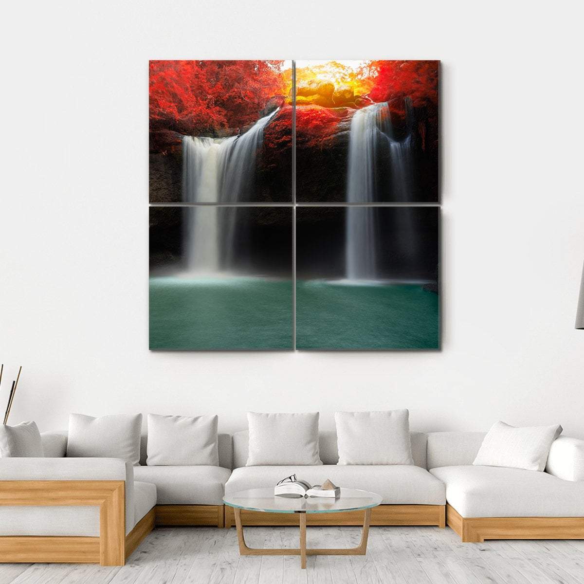 Waterfall With Red Trees Canvas Wall Art-4 Square-Gallery Wrap-17" x 17"-Tiaracle