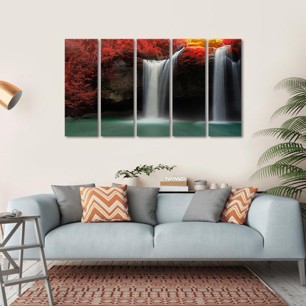 Waterfall With Red Trees Canvas Wall Art-5 Horizontal-Gallery Wrap-22" x 12"-Tiaracle