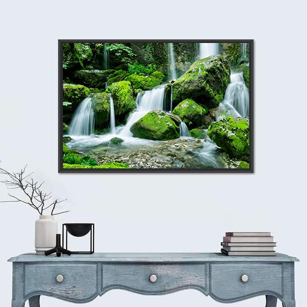 Waterfall With Several Cascades In Slovenia Canvas Wall Art-1 Piece-Floating Frame-24" x 16"-Tiaracle