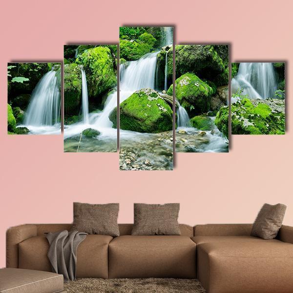 Waterfall With Several Cascades In Slovenia Canvas Wall Art-5 Star-Gallery Wrap-62" x 32"-Tiaracle