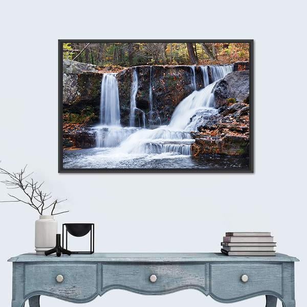 Waterfall With Trees Canvas Wall Art-1 Piece-Floating Frame-24" x 16"-Tiaracle