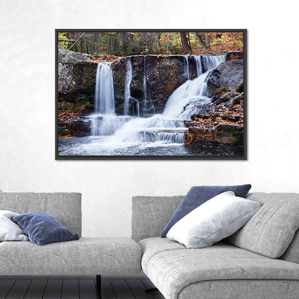 Waterfall With Trees Canvas Wall Art-3 Horizontal-Gallery Wrap-25" x 16"-Tiaracle