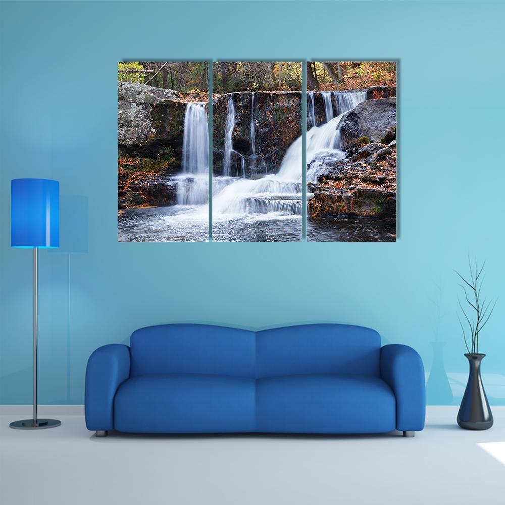 Waterfall With Trees Canvas Wall Art-3 Horizontal-Gallery Wrap-37" x 24"-Tiaracle