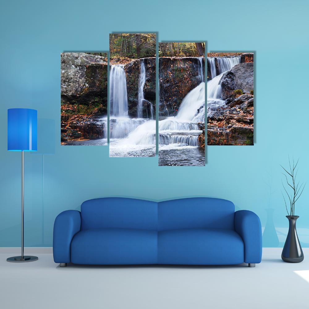 Waterfall With Trees Canvas Wall Art-4 Pop-Gallery Wrap-50" x 32"-Tiaracle