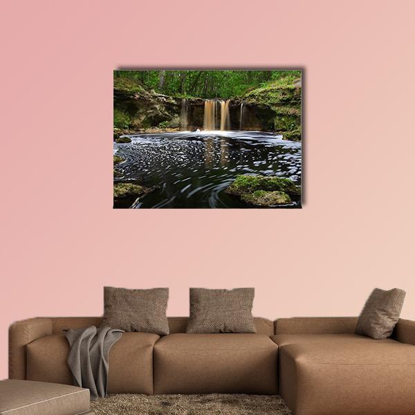 Waterfalls Along Falling Creek Canvas Wall Art in black, brown and green, single panel hung on a wall