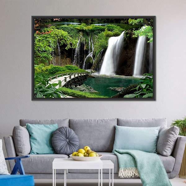 Stone Bridge and Cascading Waterfalls Canvas Wall Art in white, brown and green, framed canvas, product view on a white background