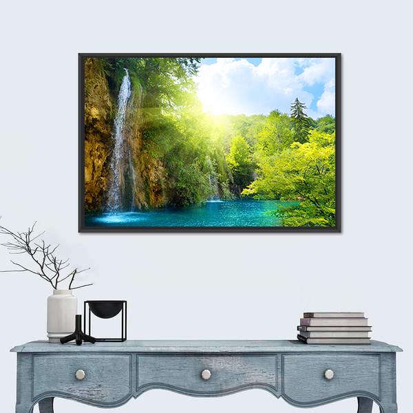 Waterfalls In Deep Forest Canvas Wall Art-1 Piece-Floating Frame-24" x 16"-Tiaracle