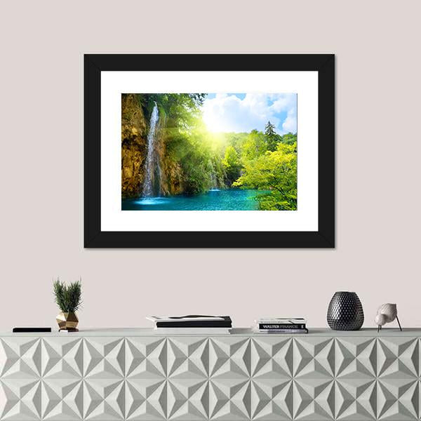 Waterfalls In Deep Forest Canvas Wall Art-1 Piece-Framed Print-20" x 16"-Tiaracle