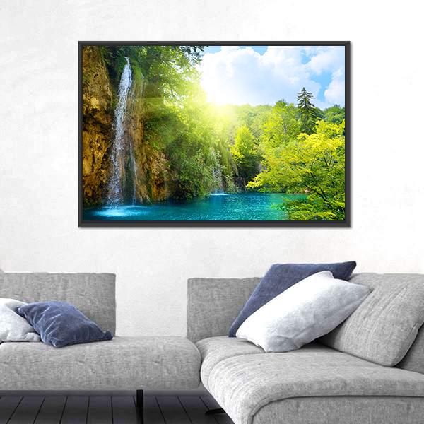 Waterfalls In Deep Forest Canvas Wall Art-3 Horizontal-Gallery Wrap-25" x 16"-Tiaracle