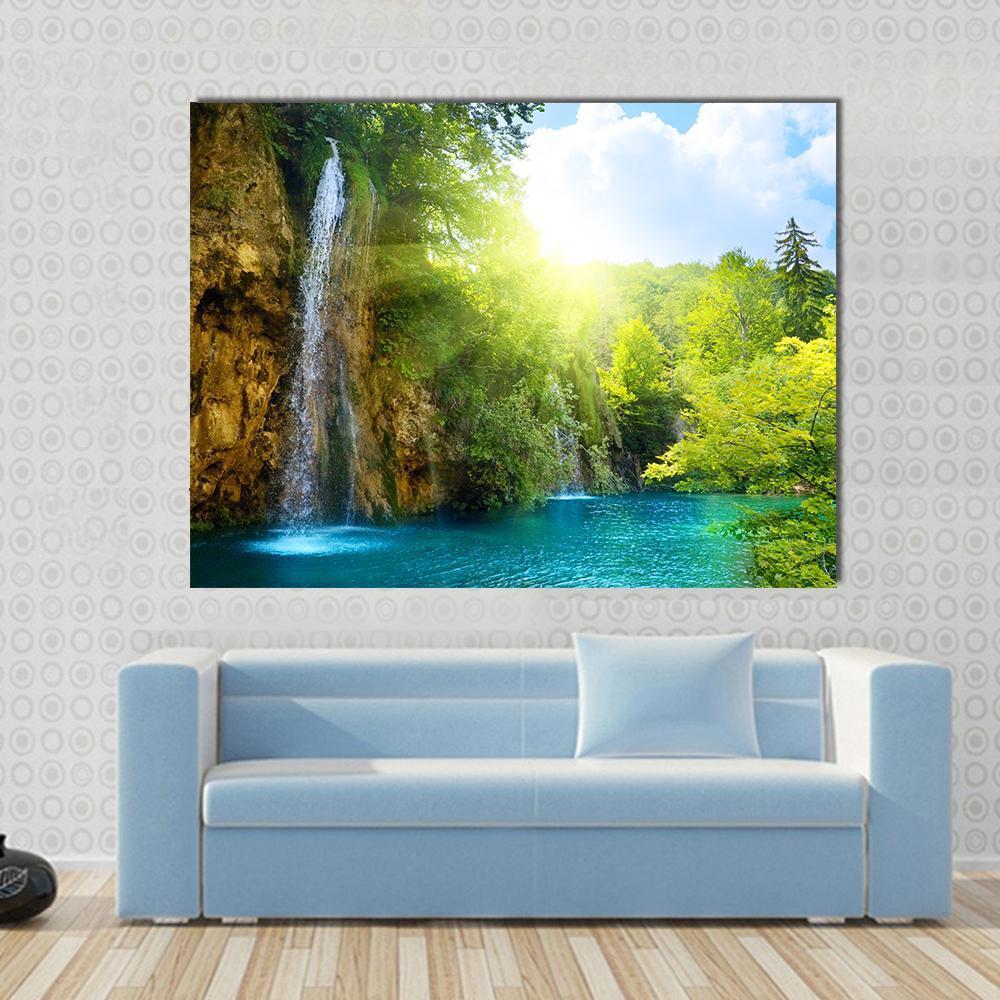 Waterfalls In Deep Forest Canvas Wall Art-1 Piece-Gallery Wrap-48" x 32"-Tiaracle
