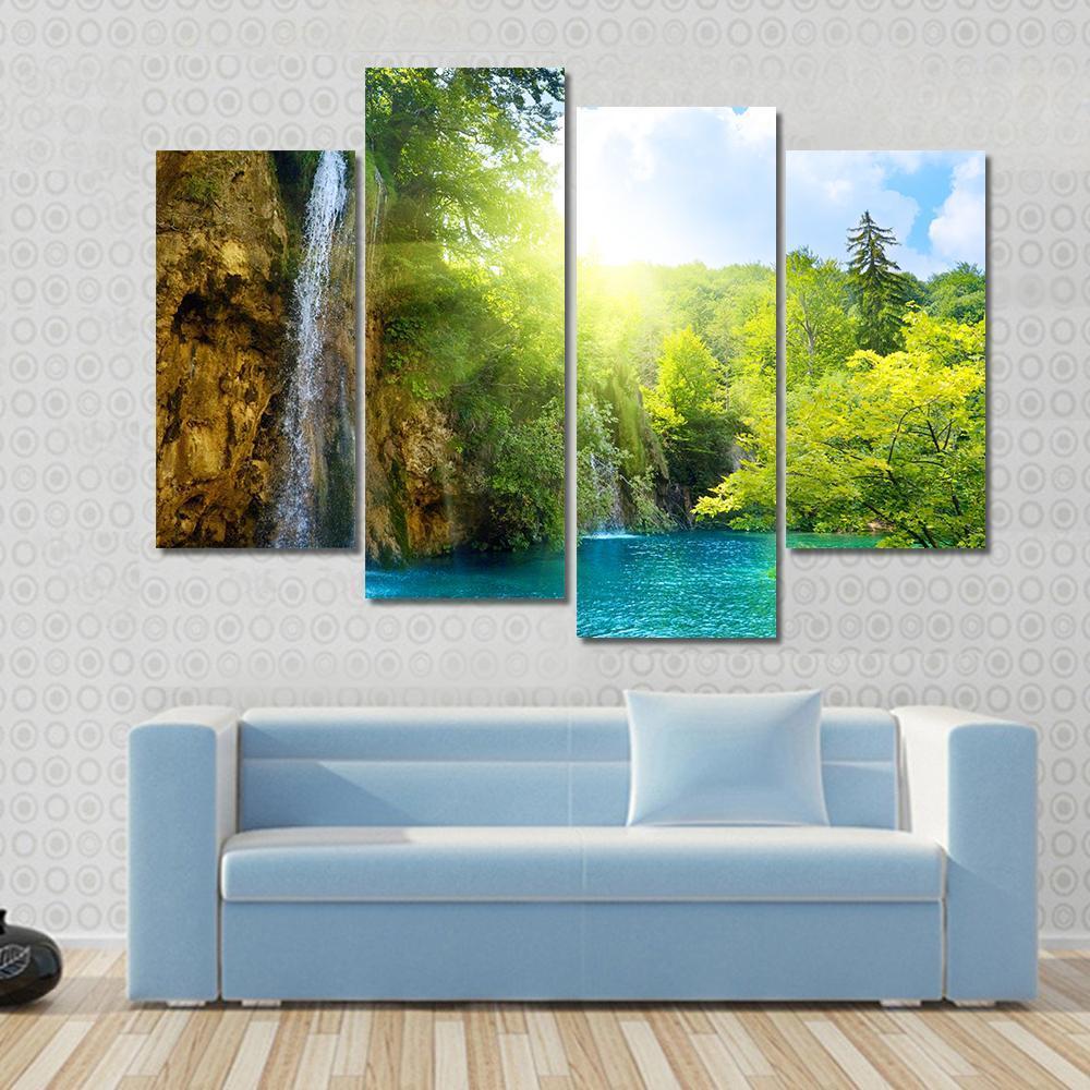 Waterfalls In Deep Forest Canvas Wall Art-4 Pop-Gallery Wrap-50" x 32"-Tiaracle