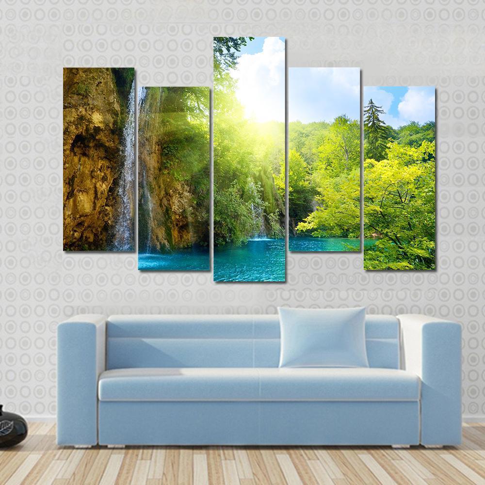 Waterfalls In Deep Forest Canvas Wall Art-5 Pop-Gallery Wrap-47" x 32"-Tiaracle