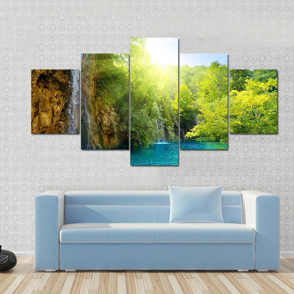 Waterfalls In Deep Forest Canvas Wall Art-5 Star-Gallery Wrap-62" x 32"-Tiaracle