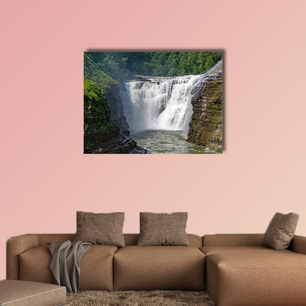Waterfalls at Letchworth State Park Canvas Wall Art in white, brown and green, single panel hung on a wall