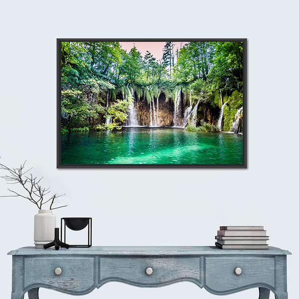 Waterfalls In Plitvice Lakes National Park Canvas Wall Art-1 Piece-Floating Frame-24" x 16"-Tiaracle