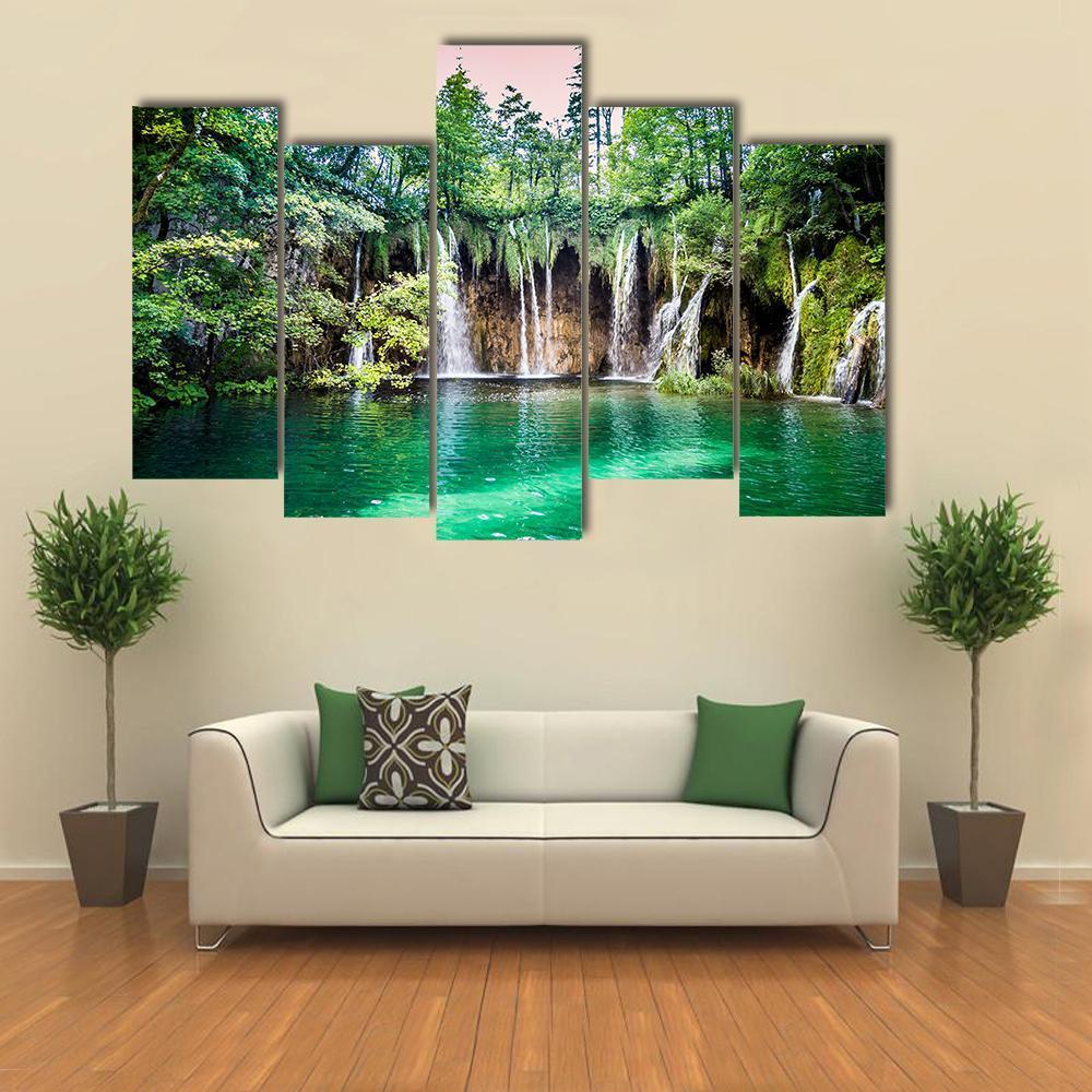 Waterfalls In Plitvice Lakes National Park Canvas Wall Art-5 Pop-Gallery Wrap-47" x 32"-Tiaracle