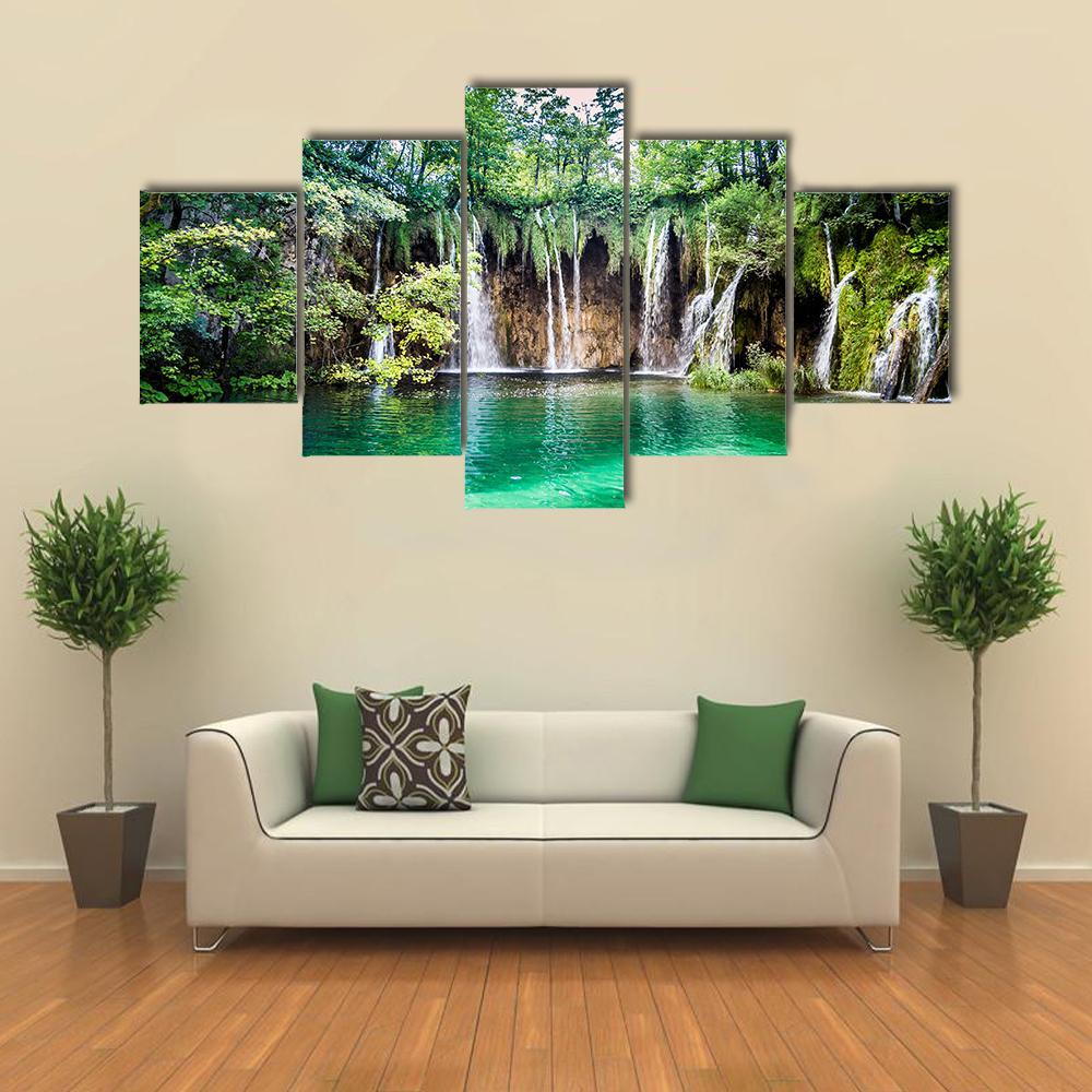 Waterfalls In Plitvice Lakes National Park Canvas Wall Art-5 Star-Gallery Wrap-62" x 32"-Tiaracle