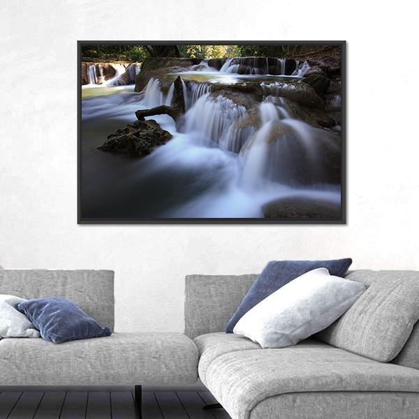 Waterfalls In Pure Deep Forest Of Thailand Canvas Wall Art-3 Horizontal-Gallery Wrap-25" x 16"-Tiaracle