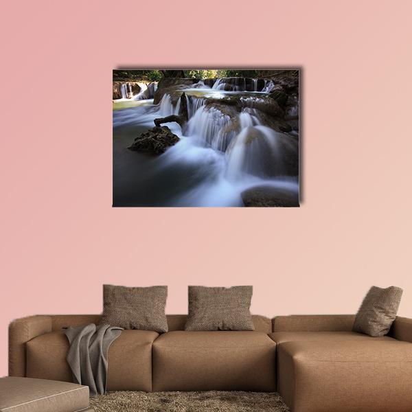 Waterfalls In Pure Deep Forest Of Thailand Canvas Wall Art-1 Piece-Gallery Wrap-48" x 32"-Tiaracle