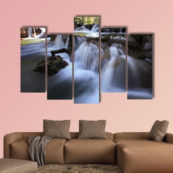 Waterfalls In Pure Deep Forest Of Thailand Canvas Wall Art-5 Pop-Gallery Wrap-47" x 32"-Tiaracle