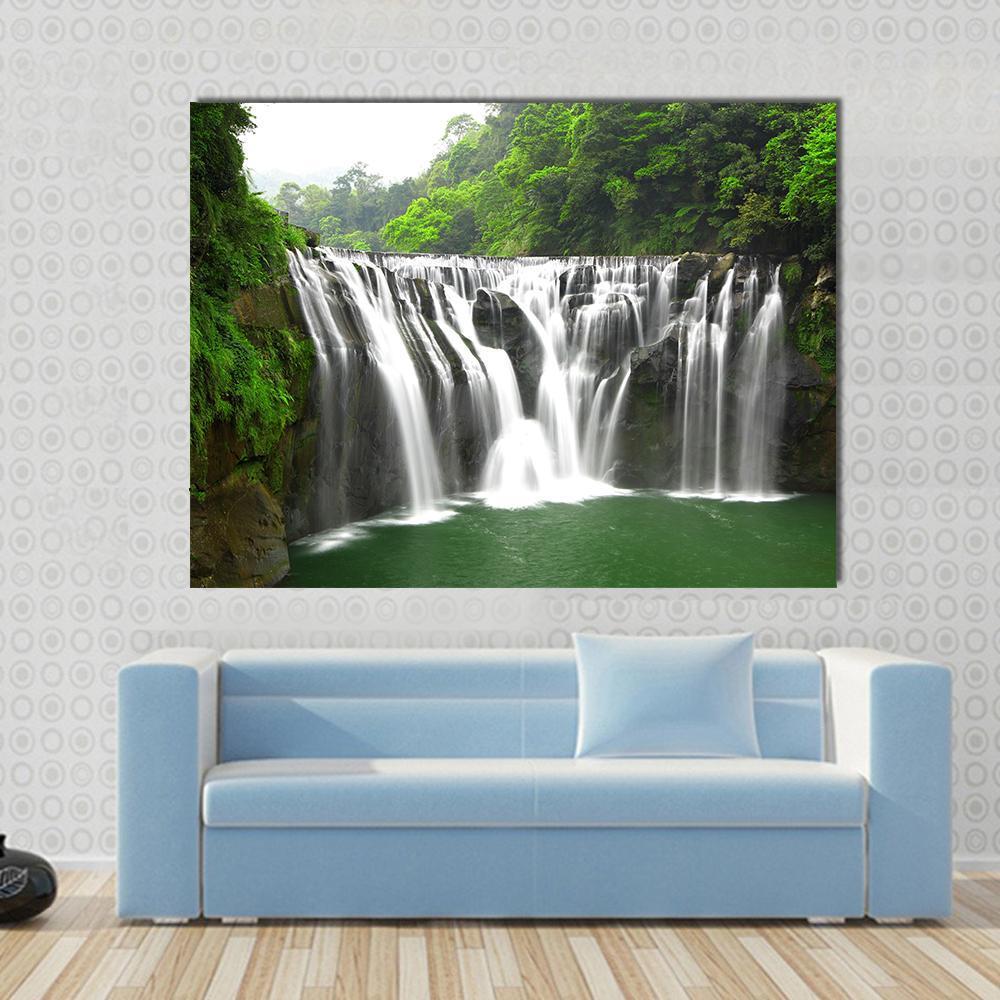 Waterfalls in Shifen Taiwan Canvas Wall Art in white, gray and green, single panel hung on a wall