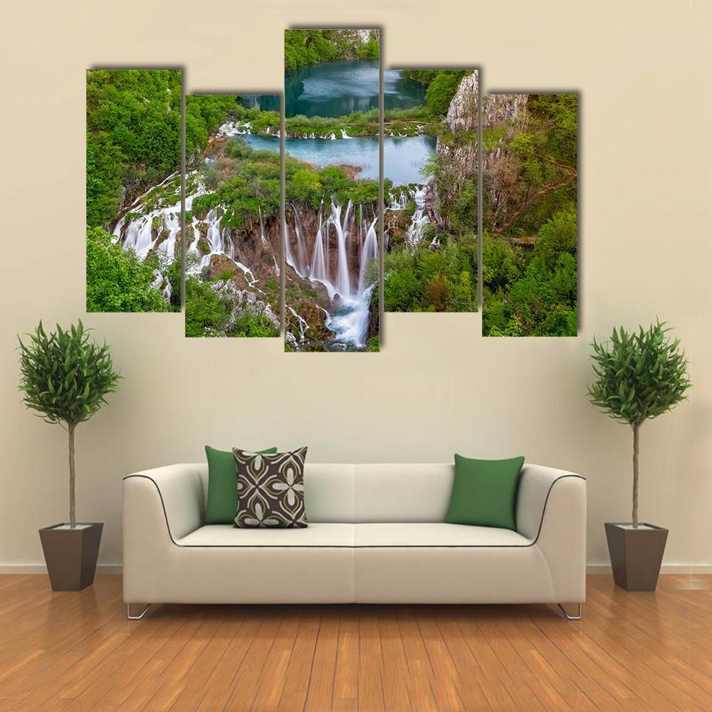 Waterfalls In Plitvice Canvas Wall Art-5 Pop-Gallery Wrap-47" x 32"-Tiaracle