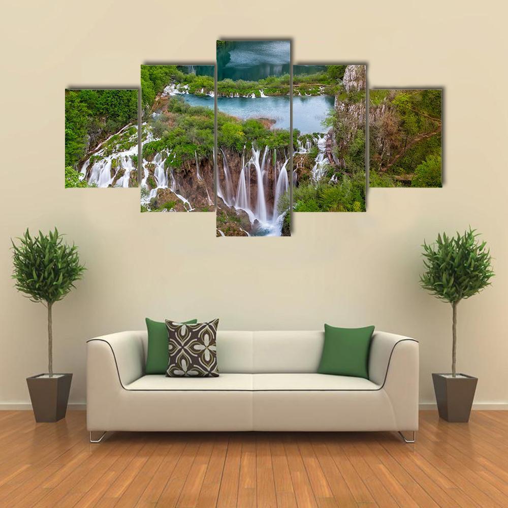 Waterfalls In Plitvice Canvas Wall Art-5 Pop-Gallery Wrap-47" x 32"-Tiaracle
