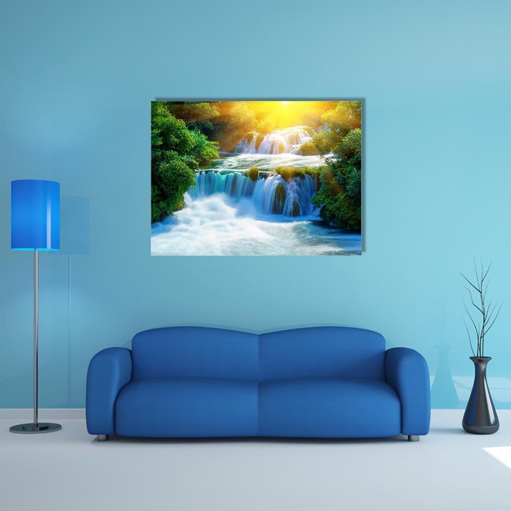 Krka Waterfalls in Croatia Canvas Wall Art in yellow, green and blue, single panel hung on a wall